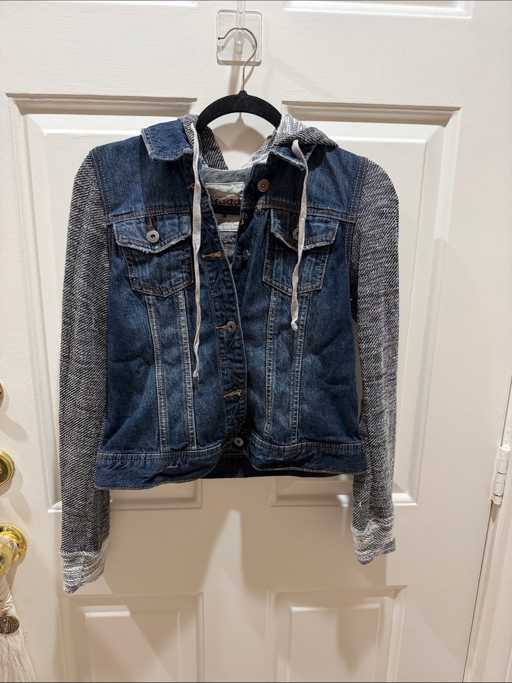 Mudd Blue Denim Jacket with Gray Hoodie Sleeves